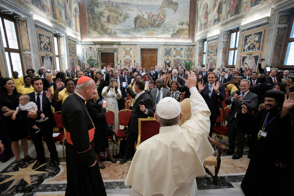 Former White House Press Secretary and Communications Director Sean Spicer takes a picture of Pope Francis, during a special audience at the Vatican August 27, 2017. (Photo: Osservatore Romano/Handout via Reuters)