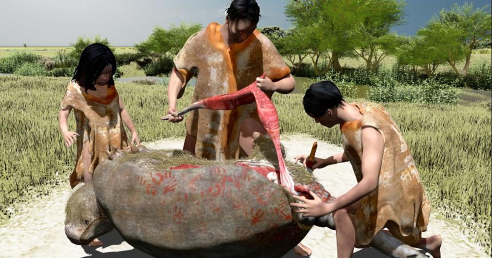 A 3D rendering of three paleolithic humans butchering a mid-size mammal on a grassy area by a tree-lined river. 