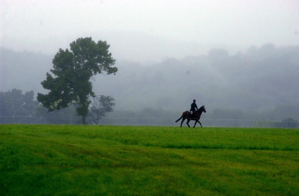 A horseback rider trots through heavy fog at Great Meadowbrook Farm in Hardwick in 2003.