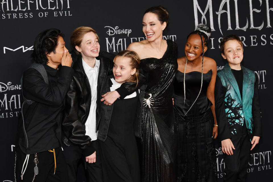 Pax Thien Jolie-Pitt, Shiloh Nouvel Jolie-Pitt, Vivienne Marcheline Jolie-Pitt, Angelina Jolie, Zahara Marley Jolie-Pitt, and Knox Léon Jolie-Pitt attend the world premiere of Disney's 'Maleficent: Mistress Of Evil' at El Capitan Theatre on September 30, 2019 in Los Angeles, California [Photo: Getty]