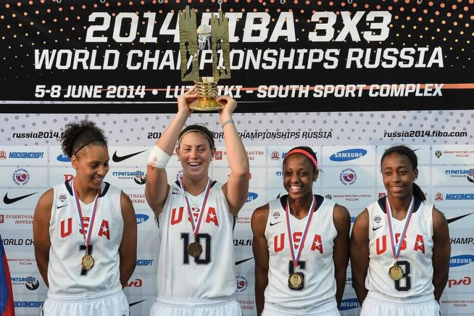 Cierra Burdick, left, is pictured with her teammates after winning the 2014 FIBA 3x3 World Cup. Ten years later, she’ll represent Team USA again, this time in the 2024 Paris Olympics.