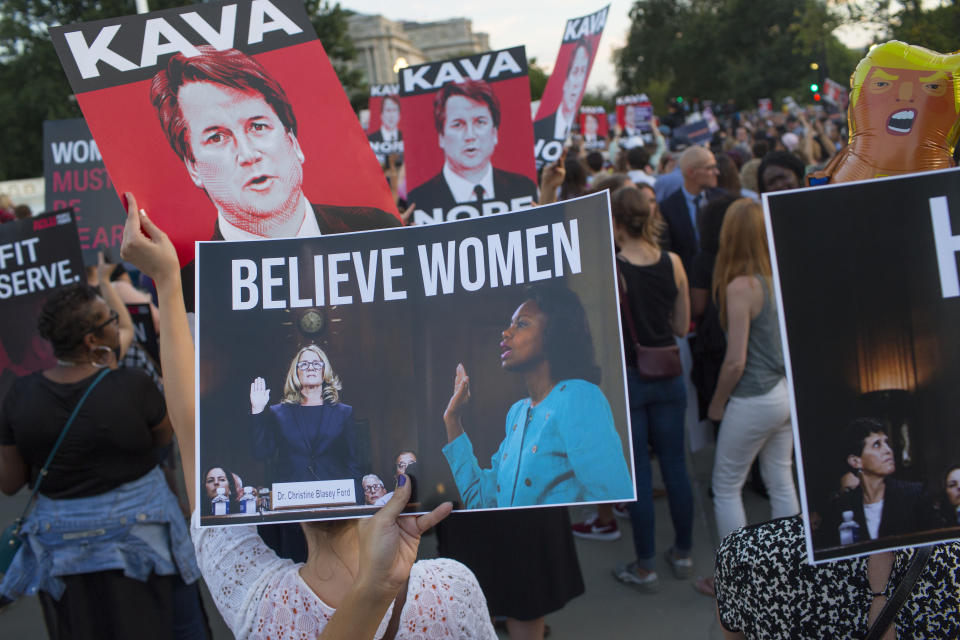 A crowd gathers outside the Supreme Court Wednesday to oppose Brett Kavanaugh’s nomination. (Photo: Andrew Lichtenstein/Corbis via Getty Images)