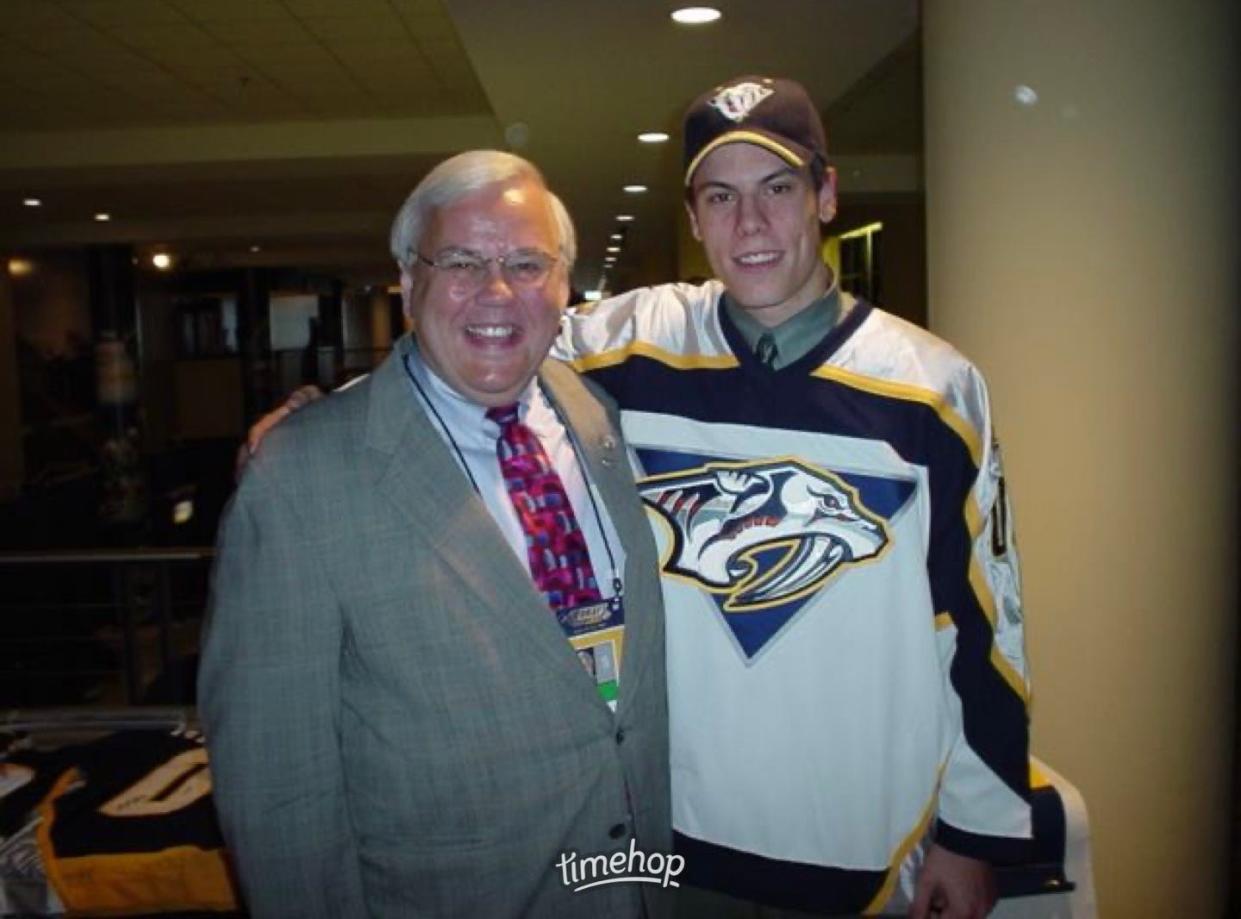 Pete Weber, left, poses for a photo with Shea Weber after Weber was selected by the Nashville Predators in the 2003 NHL Draft. Pete Weber just finished his 25th regular season as a broadcaster with the Predators and is calling his 16th postseason for the team.