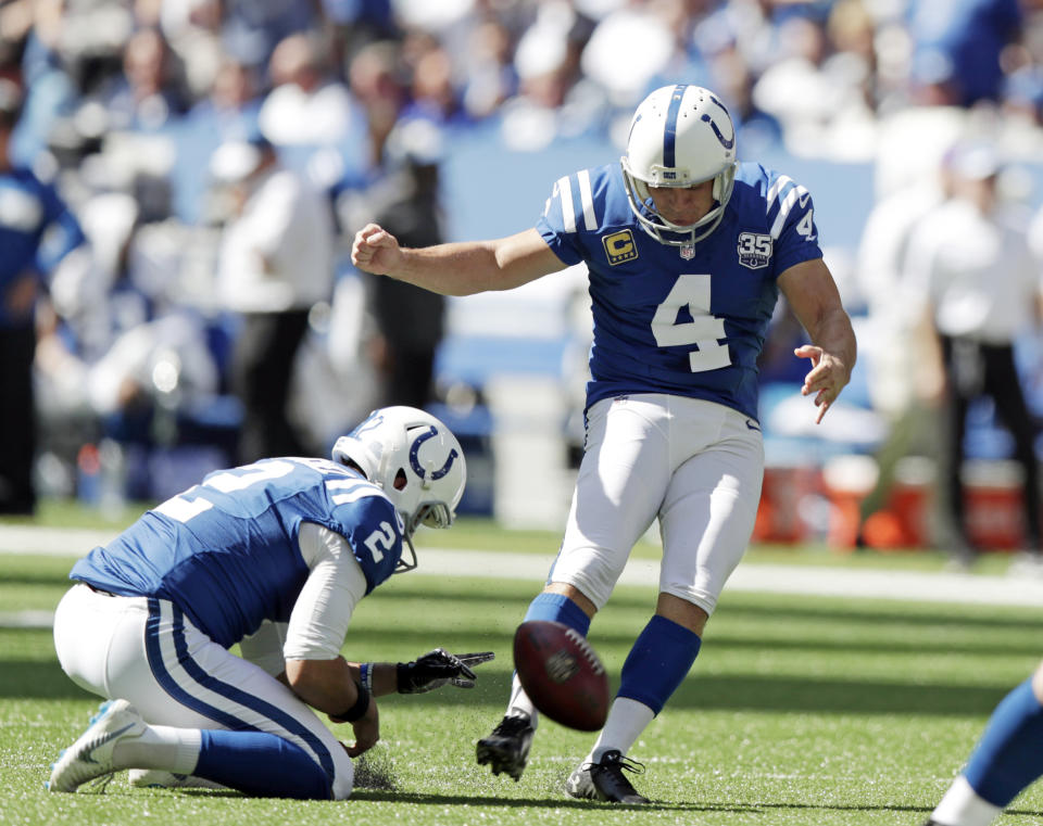 FILE- In this Sunday, Sept. 30, 2018, file photo, Indianapolis Colts kicker Adam Vinatieri (4) kicks an extra point out of the hold of Rigoberto Sanchez (2) during the first half of an NFL football game against the Houston Texans in Indianapolis. Vinatieri spent this week preparing for Sunday’s game like every other one. The same, simple routine helped him collect four Super Bowl rings, celebrate 226 victories and earn the title of best clutch kicker in NFL history. So the 23-year veteran isn’t changing a thing as he nears Morten Andersen’s career scoring record. (AP Photo/Michael Conroy, File)