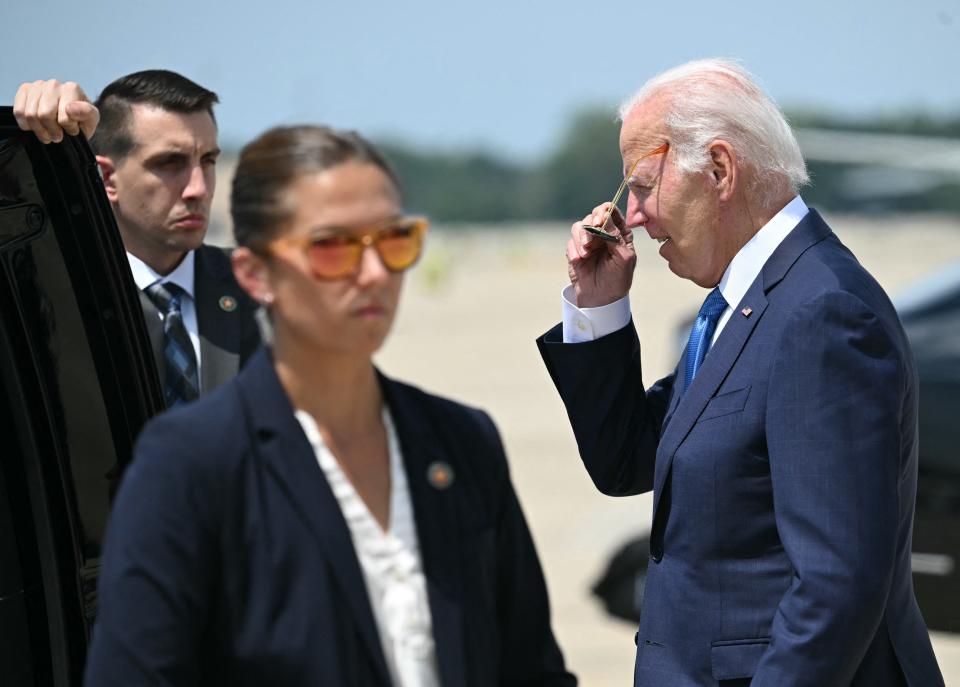 President Joe Biden steps off of Air Force One as he arrives at Joint Base Andrews in Maryland on July 23, 2024.