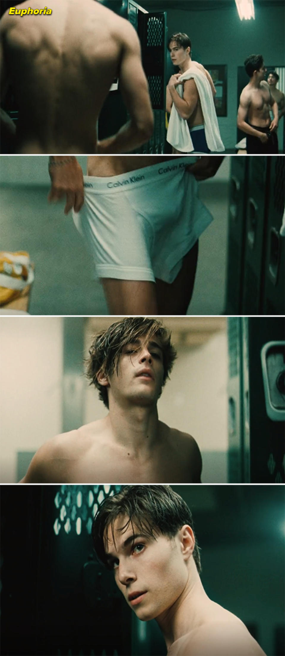 Young Cal from "Euphoria" in a locker room, engaging in conversation while changing clothes