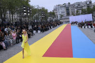 A model wears a creation for the Stella McCartney ready-to-wear Spring/Summer 2023 fashion collection presented Monday, Oct. 3, 2022 in Paris. (Photo by Vianney Le Caer/Invision/AP)