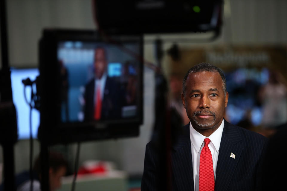 Republican presidential candidate Ben Carson prepares for a television interview before the start of the CNN Republican presidential debate.&nbsp;