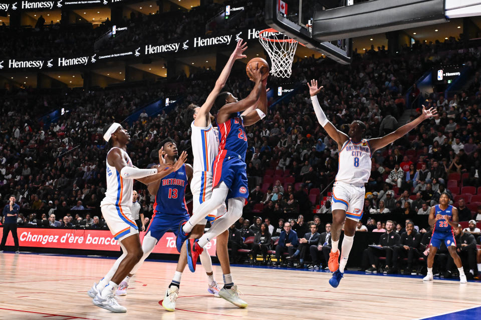 MONTREAL, CANADA – OCTOBER 12: Jaden Ivey #23 of the Detroit Pistons drives the ball towards the net during the first half of a preseason NBA game against the Oklahoma City Thunder at Bell Centre on October 12, 2023 in Montreal, Quebec, Canada. (Photo by Minas Panagiotakis/Getty Images)