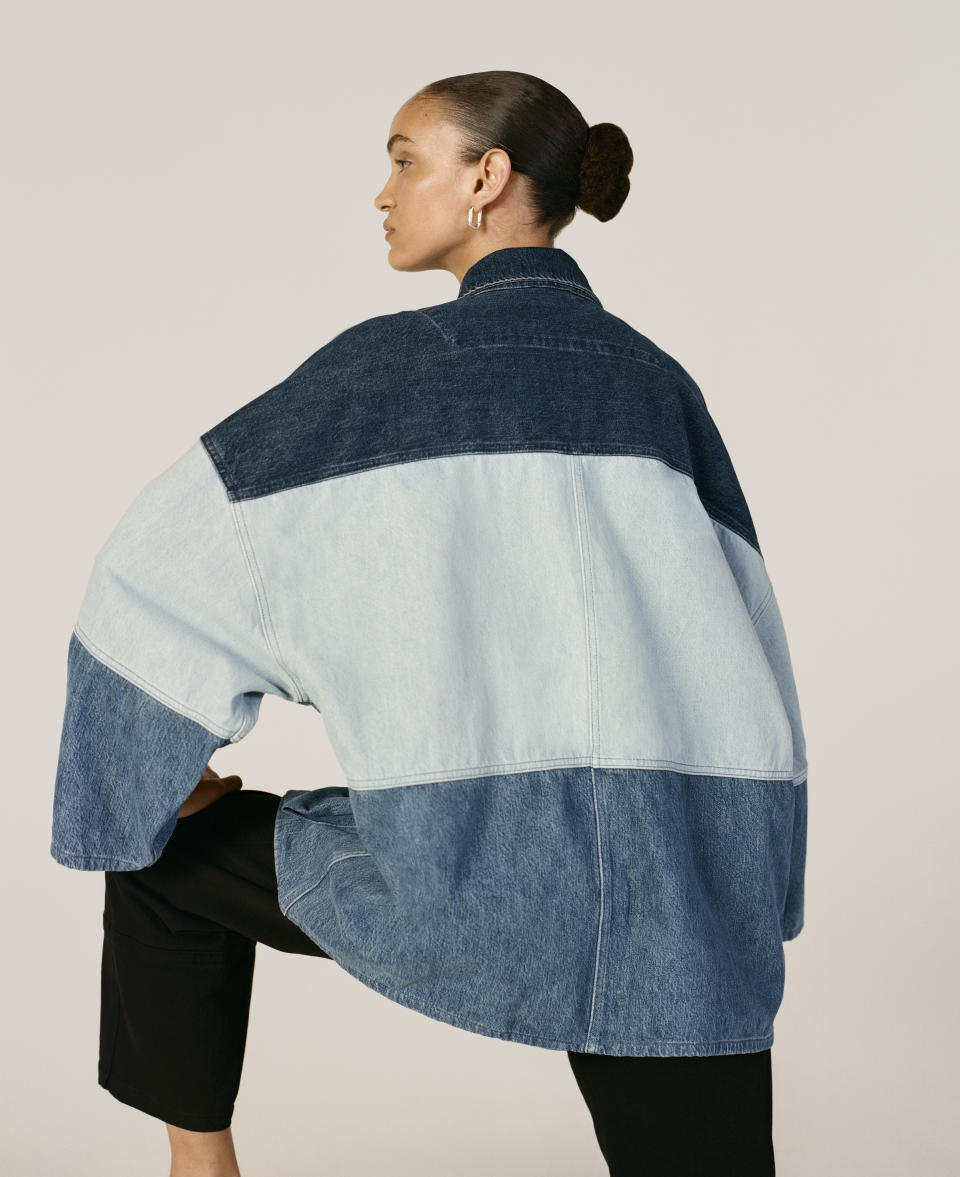 a model wears an everlane x marques almeida jacket