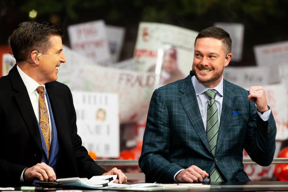 Rece Davis, left and Oregon’s head coach Dan Lanning gesture to the crowd of loud University of Utah students behind them during the filming of ESPN’s “College GameDay” show at the University of Utah in Salt Lake City on Saturday, Oct. 28, 2023. | Megan Nielsen, Deseret News