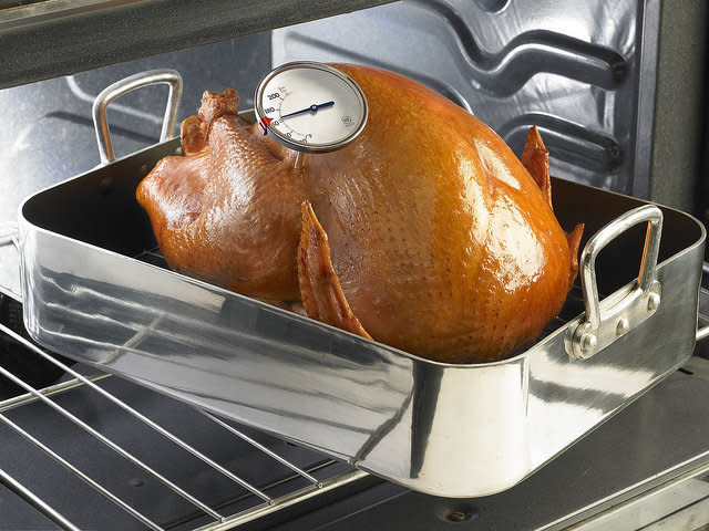 The best way to know when your turkey is done is by its temperature. The USDA says a turkey is safe when "cooked to a minimum internal temperature of 165&deg;F as measured with a food thermometer. Check the internal temperature in the innermost part of the thigh and wing and the thickest part of the breast." <i><br /></i>