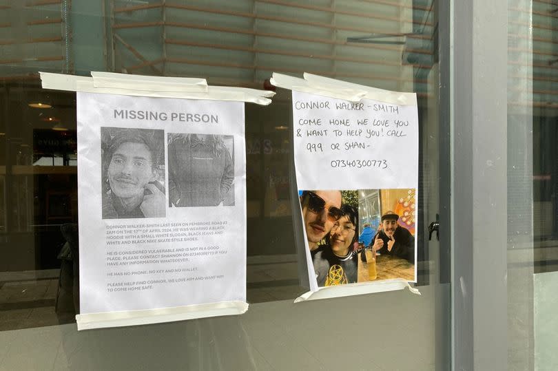 A missing person appeal poster on a window in the Canton area of Cardiff, asking for information about 26-year-old Connor Walker-Smith -Credit:South Wales Police