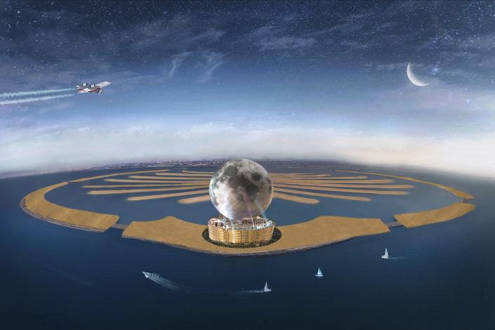 This artist rendering shows the $5 billion project, MOON envisioned on The Palm Jumeirah island in Dubai, United Arab Emirates. A proposed $5 billion real estate project wants to take skyscraper-studded Dubai to new heights by bringing a part of the heavens down to Earth. Canadian entrepreneur Michael Henderson envisions building a 274-meter (900-foot) replica of the moon atop a 30-meter (100-foot) building in Dubai, already home to the world's tallest building and other architectural wonders. (Michael Henderson/Moon World Resorts via AP)
