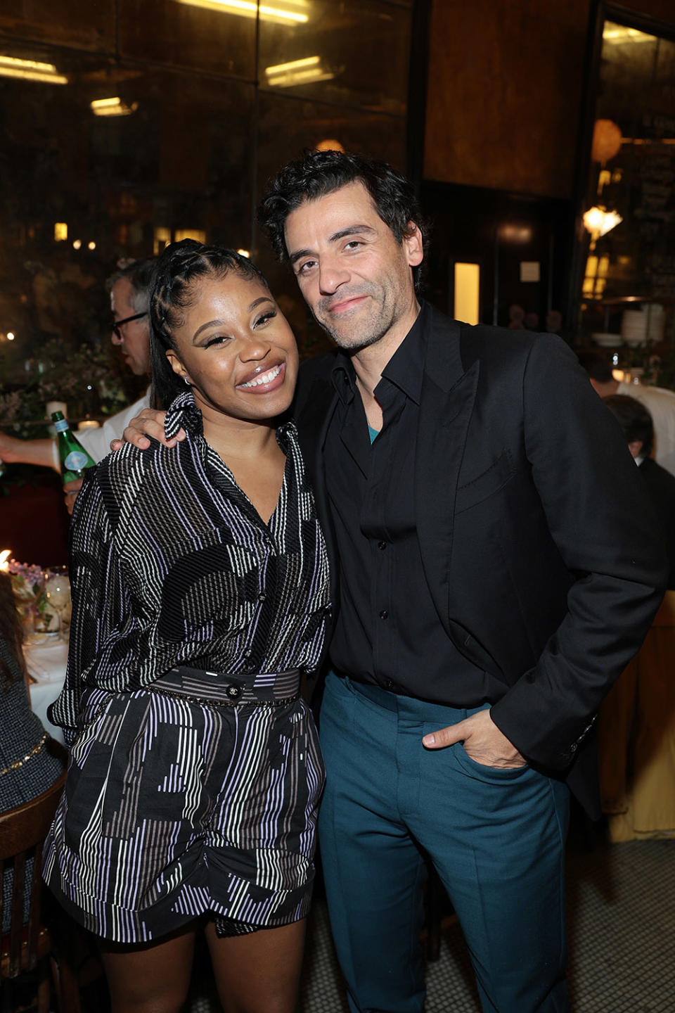 Amandla Stenberg, wearing CHANEL, and Oscar Isaac attend CHANEL Tribeca Festival Artists Dinner at Balthazar on June 12, 2023 in New York City.