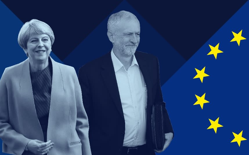 May and Corbyn against a background containing the EU flag