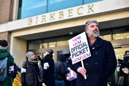 Protesters hold banners outside the University of London, Britain February 22, 2018. REUTERS/Peter Summers