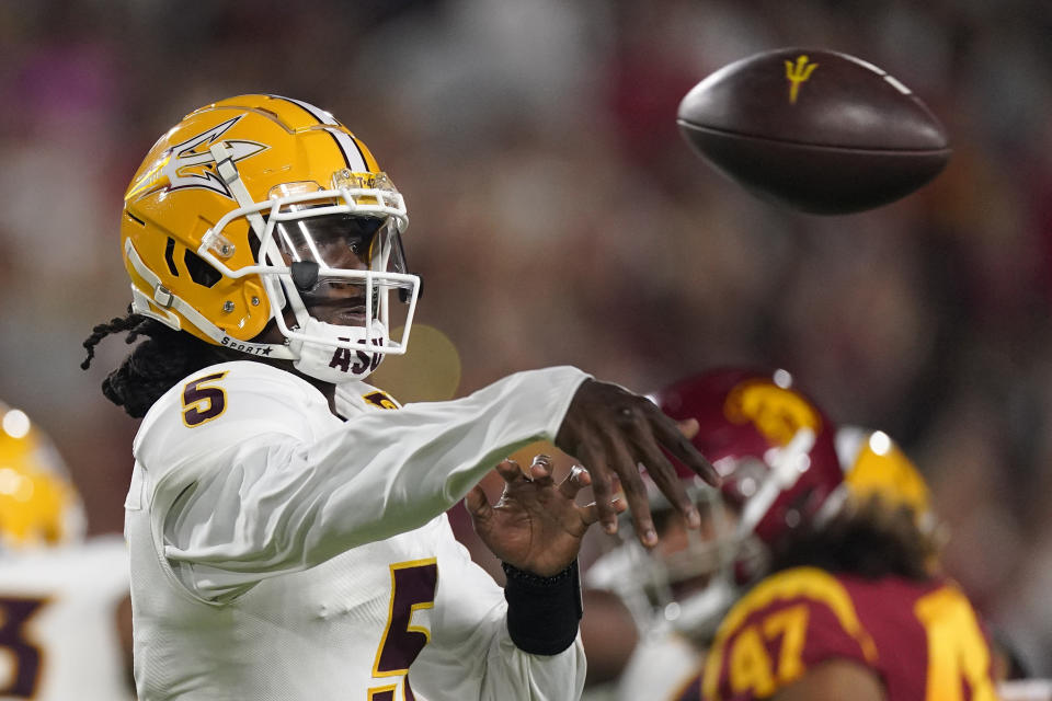 Arizona State quarterback Emory Jones passes during the first half of an NCAA college football game against Southern California Saturday, Oct. 1, 2022, in Los Angeles. (AP Photo/Mark J. Terrill)