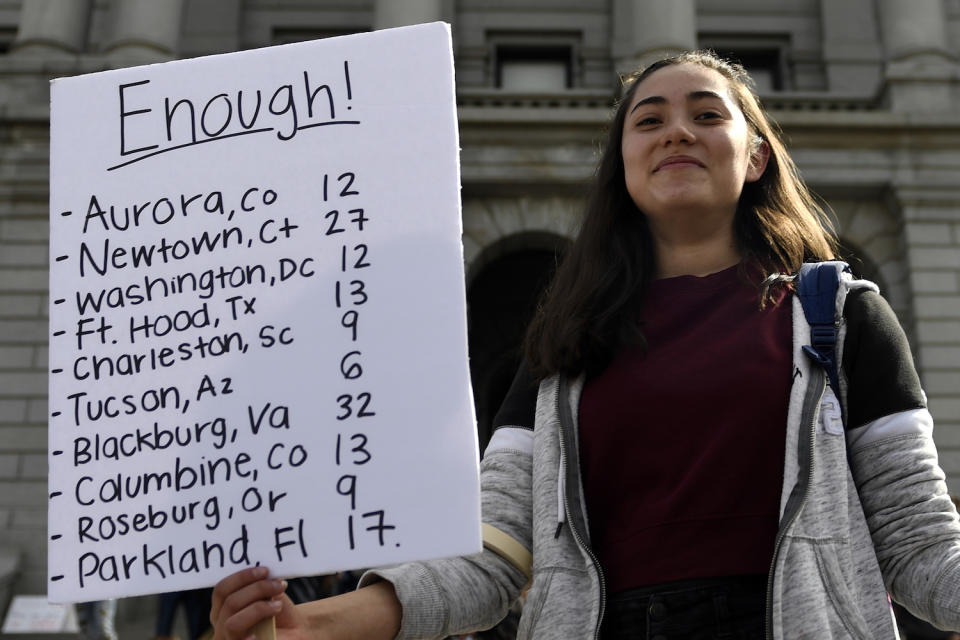 <p>10th grader Ambrea Balerede from DSST Byers joined high school students at the Denver State Capitol as schools across the nation with walkouts/gun violence protests on the one month anniversary of the Parkland, Florida shooting. March 14, 2018 Denver, Colorado.<br> (Photo: Getty Images) </p>