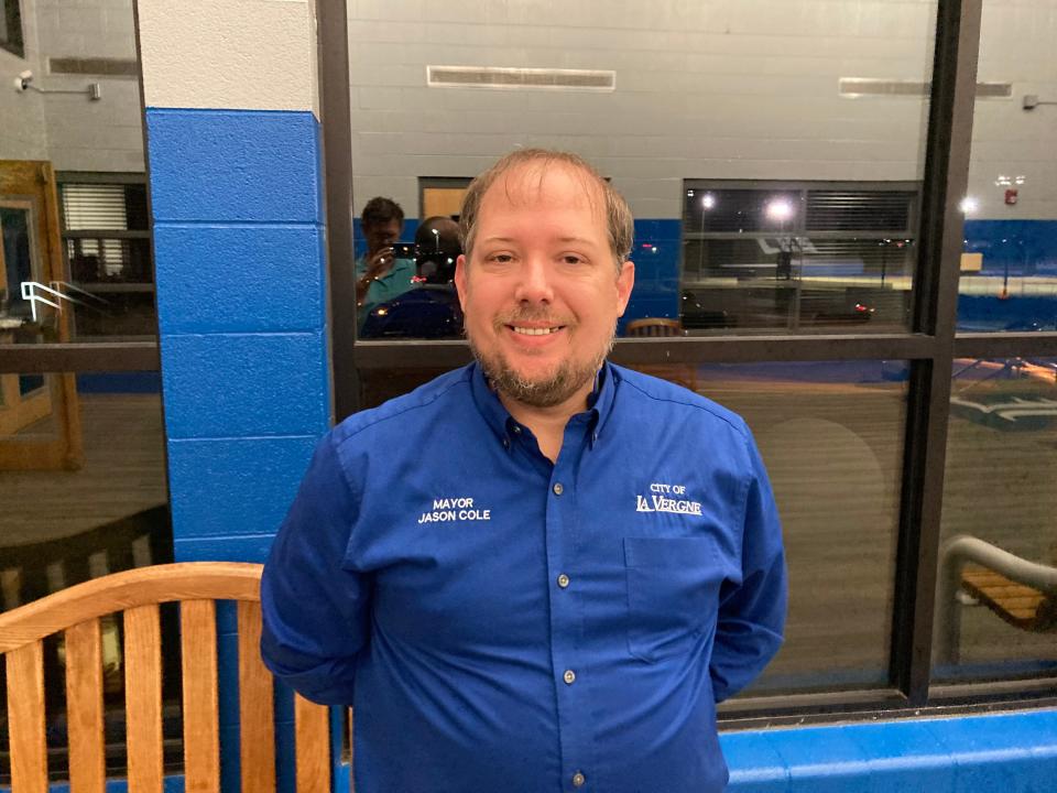 Mayor Jason Cole poses Monday, Sept. 18, 2023, at La Vergne High School after attending meeting in cafeteria on Rutherford County Schools proposed rezoning plans.