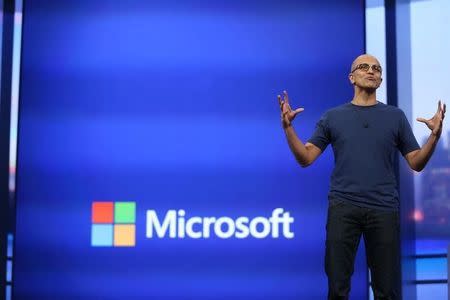 Microsoft CEO Satya Nadella gestures during his keynote address at the company's "build" conference in San Francisco, California April 2, 2014. REUTERS/Robert Galbraith