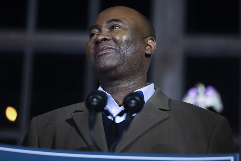 Democratic Senate candidate Jaime Harrison speaks to supporters after conceding to his opponent, incumbent Sen. Lindsey Graham (R-SC), on November 3, 2020 in Columbia, South Carolina. Graham won a fourth term in the senate with his reelection tonight. (Photo by Michael Ciaglo/Getty Images)