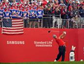 Sep 30, 2016; Chaska, MN, USA; Patrick Reed of the United States plays his shot from the first tee in the morning foursome matches during the 41st Ryder Cup at Hazeltine National Golf Club. Mandatory Credit: Michael Madrid-USA TODAY Sports