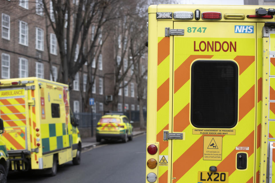 LONDON, UNITED KINGDOM - JANUARY 04: Ambulances, parked on the street, are seen in London, United Kingdom after Teresa Simpson died after over 16 hours of waiting for ambulance to arrive due to congestion on January 04, 2023. (Photo by Rasid Necati Aslim/Anadolu Agency via Getty Images)