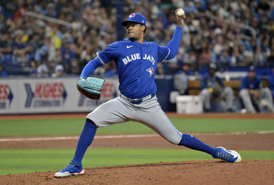 Toronto Blue Jays reliever Genesis Cabrera pitches against the Tampa Bay Rays during the seventh inning of a baseball game Saturday, March 30, 2024, in St. Petersburg, Fla. (AP Photo/Steve Nesius)