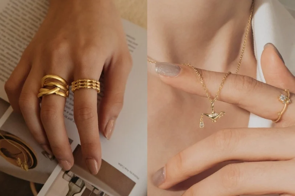 金色戒指就搭配金色項鍊、銀色耳環搭配銀色項鍊或銀色戒指等等，這樣同色系的搭配法更具一致性 圖片來源：IG@vacanza_accessory