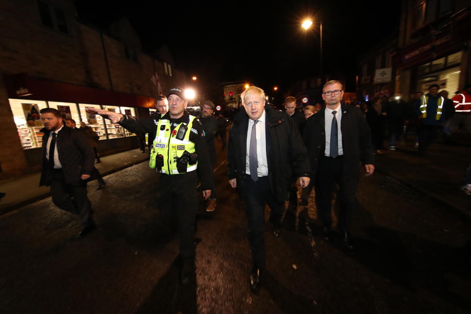 MATLOCK, ENGLAND - NOVEMBER 08: Prime Minister Boris Johnson visits Matlock on November 8, 2019 in Matlock, England. Parts of northern England endured a month's worth of rain in 24 hours, causing severe flooding (Photo by Danny Lawson - WPA Pool/Getty Images)