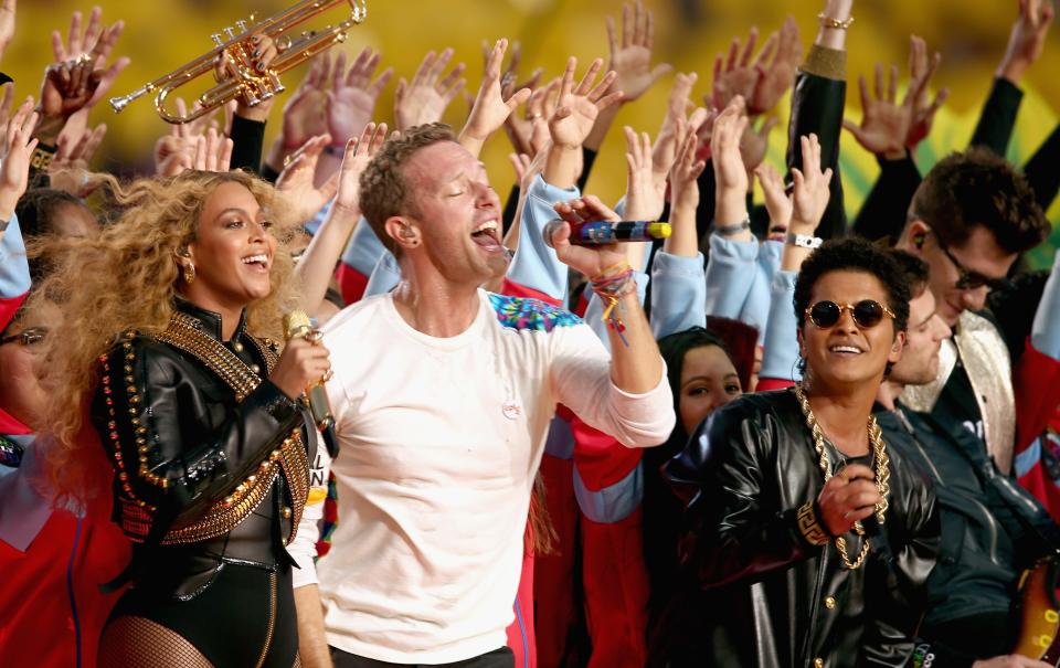 Beyonce, Chris Martin of Coldplay and Bruno Mars