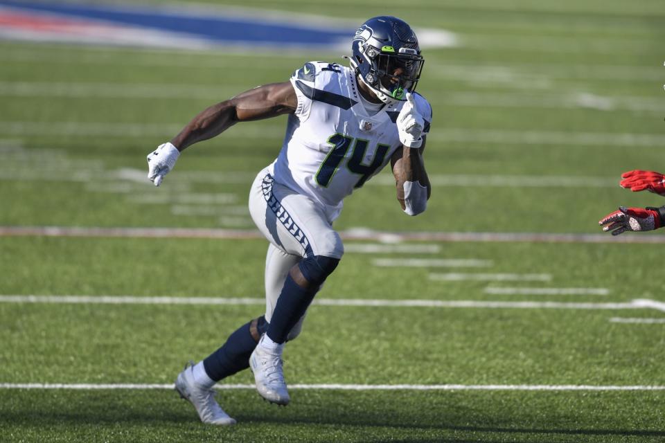 Seattle Seahawks wide receiver DK Metcalf runs a pass route.