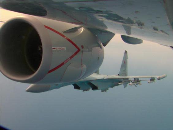 Two Russian Su-35 aircraft unsafely intercept a P-8A Poseidon patrol aircraft assigned to U.S. 6th Fleet over the Mediterranean Sea May 26, 2020 (US 6th Fleet)