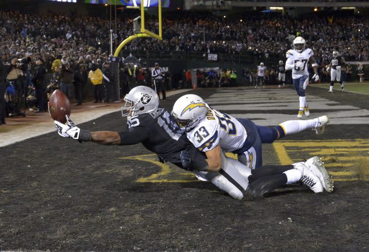 Dec 24, 2015; Oakland, CA, USA; Oakland Raiders wide receiver Michael Crabtree (15) is defended by San Diego Chargers defensive back Greg Ducre (33) during an NFL football game at O.co Coliseum. The Raiders defeated the Chargers 23-20 in overtime. Mandatory Credit: Kirby Lee-USA TODAY Sports