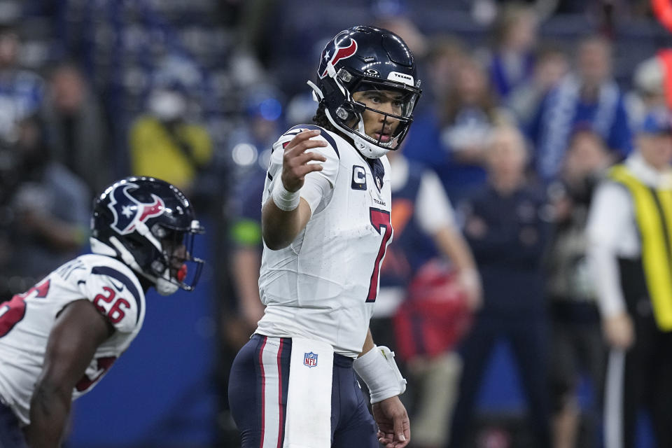 Houston Texans quarterback C.J. Stroud (7) calls a play during the first half of an NFL football game against the Indianapolis Colts, Saturday, Jan. 6, 2024, in Indianapolis. (AP Photo/Darron Cummings)
