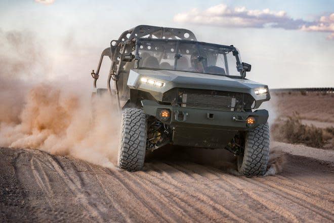 GM Defense's Infantry Squad Vehicle, a finalist for the U.S. Army in what would be a $155 million contract if GM Defense wins it. The vehicle was shot at GM Defense's Proving Grounds in Yuma, Ariz.