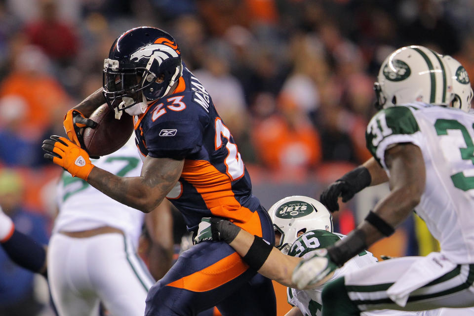 DENVER, CO - NOVEMBER 17: Willis McGahee #23 of the Denver Broncos runs the ball in the first quarter against Jim Leonhard #36 of the New York Jets at Invesco Field at Mile High on November 17, 2011 in Denver, Colorado. (Photo by Doug Pensinger/Getty Images)