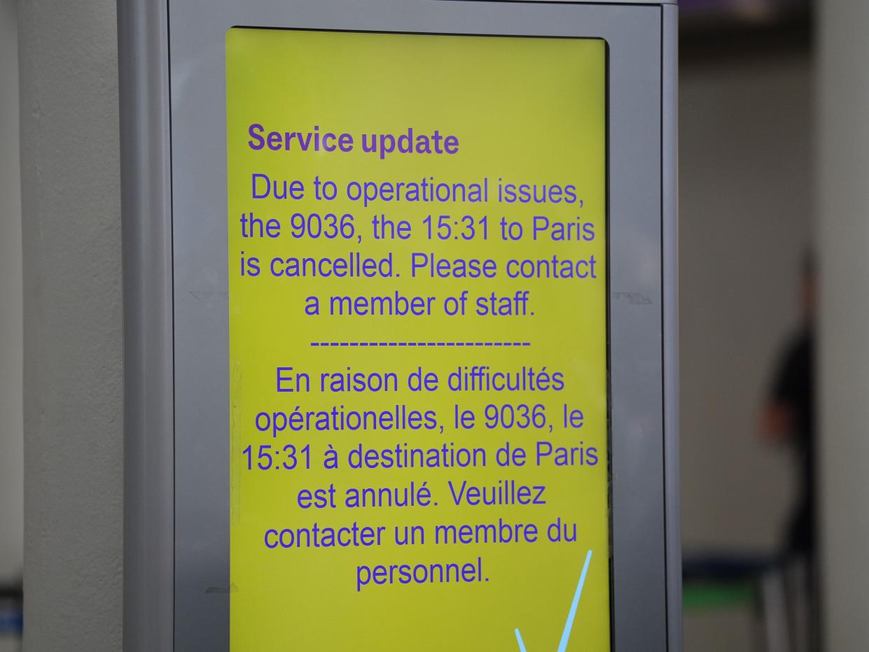 A sign at the Eurostar terminal at St Pancras station in central London. French rail officials say several lines have been hit by 