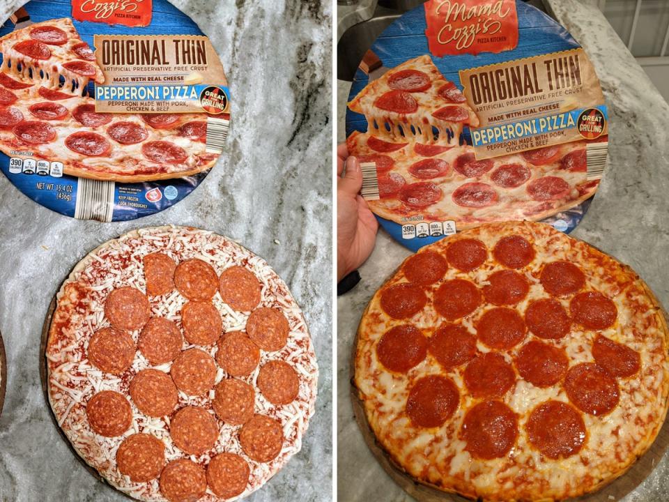 side by side photos of uncooked and cooked pepperoni pizza from aldi