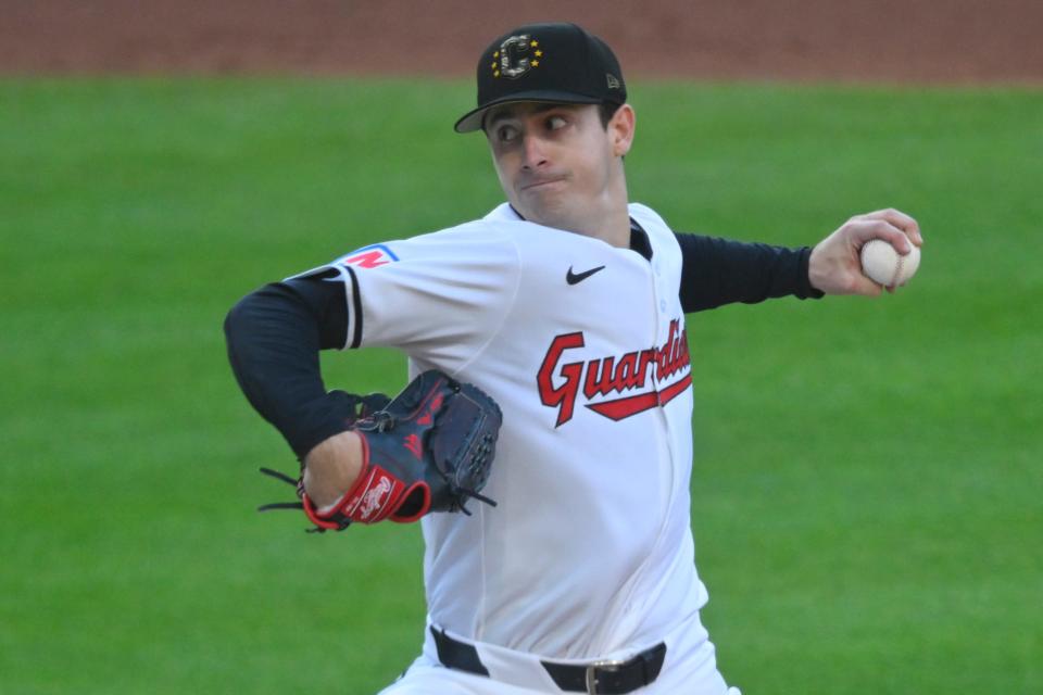 Cleveland Guardians starting pitcher Logan Allen (41) delivers a pitch in the fourth inning Saturday against the Minnesota Twins in Cleveland.