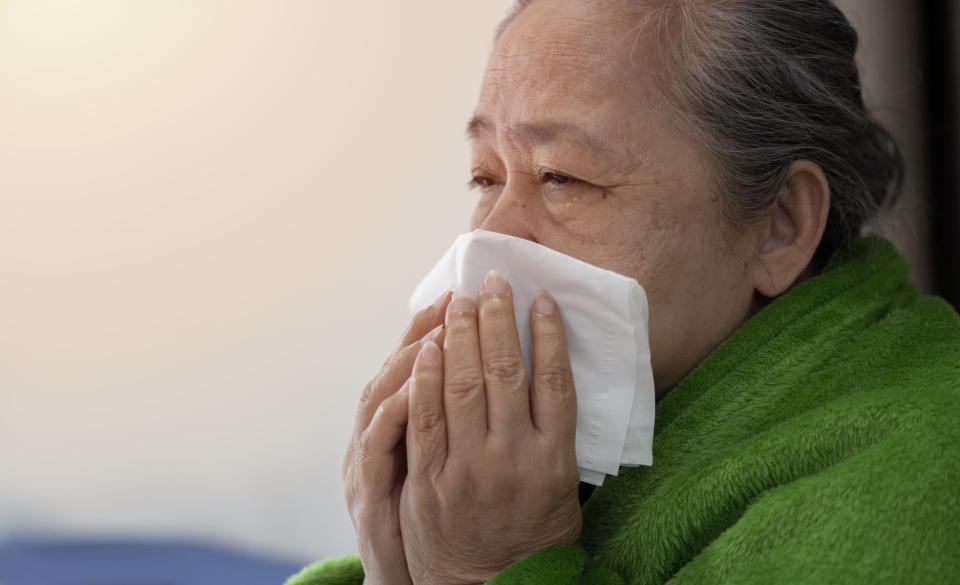 Ill mature woman covered with blanket blowing running nose sneeze in tissue suffer from allergy flu, allergic old lady hold handkerchief got hay fever rhinitis symptom cough at home, allergy concept