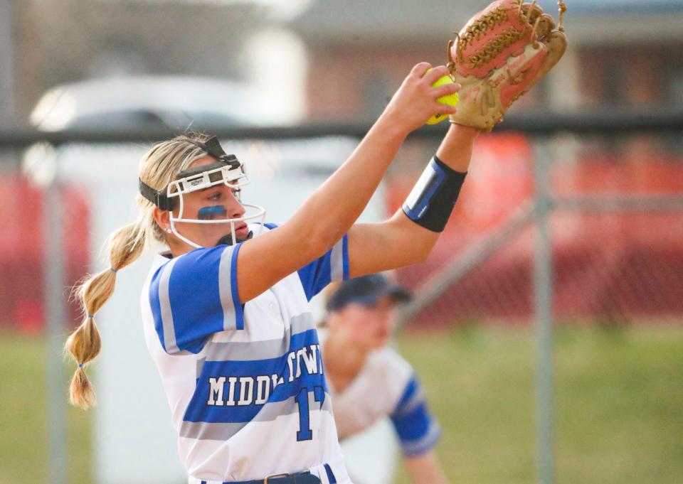 Middletown's Reese Founds delivers in the sixth inning of the Cavaliers' 1-0, extra innings win at Middletown High School, Thursday, March 23, 2023.