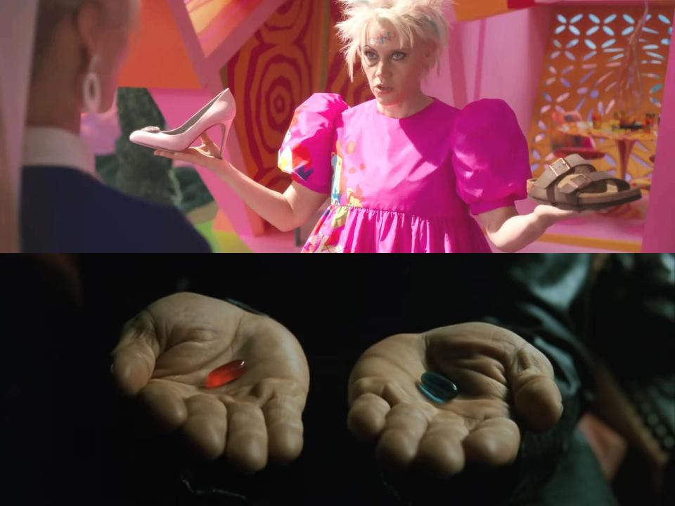 Left: Kat Mckinnon holding two shoes in her hands in "Barbie." Right: Laurence Fishburne holding two pills in "The Matrix."