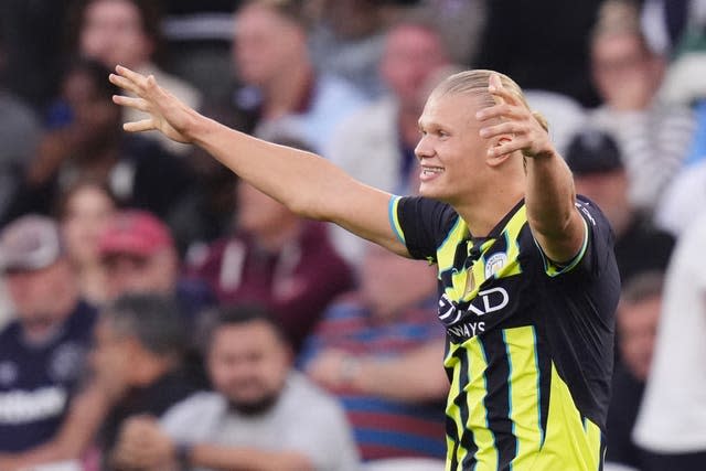 Manchester City’s Erling Haaland celebrates scoring his side’s third goal of the game to complete his hat-trick during the Premier League match at West Ham