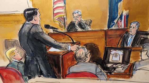 "You start with the most moving or the most important thing first, and then you build out of that," Williams said of her process. Above is the drawing she made last Tuesday of Cohen being cross-examined by defense attorney Todd Blanche. <span class="copyright">Elizabeth Williams</span>