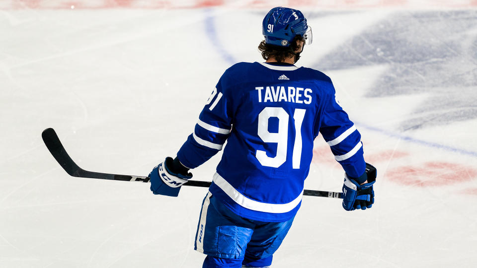 TORONTO, ON - MAY 6: John Tavares #91 of the Toronto Maple Leafs skates against the Montreal Canadiens during the first period at the Scotiabank Arena on May 6, 2021 in Toronto, Ontario, Canada. (Photo by Kevin Sousa/NHLI via Getty Images)