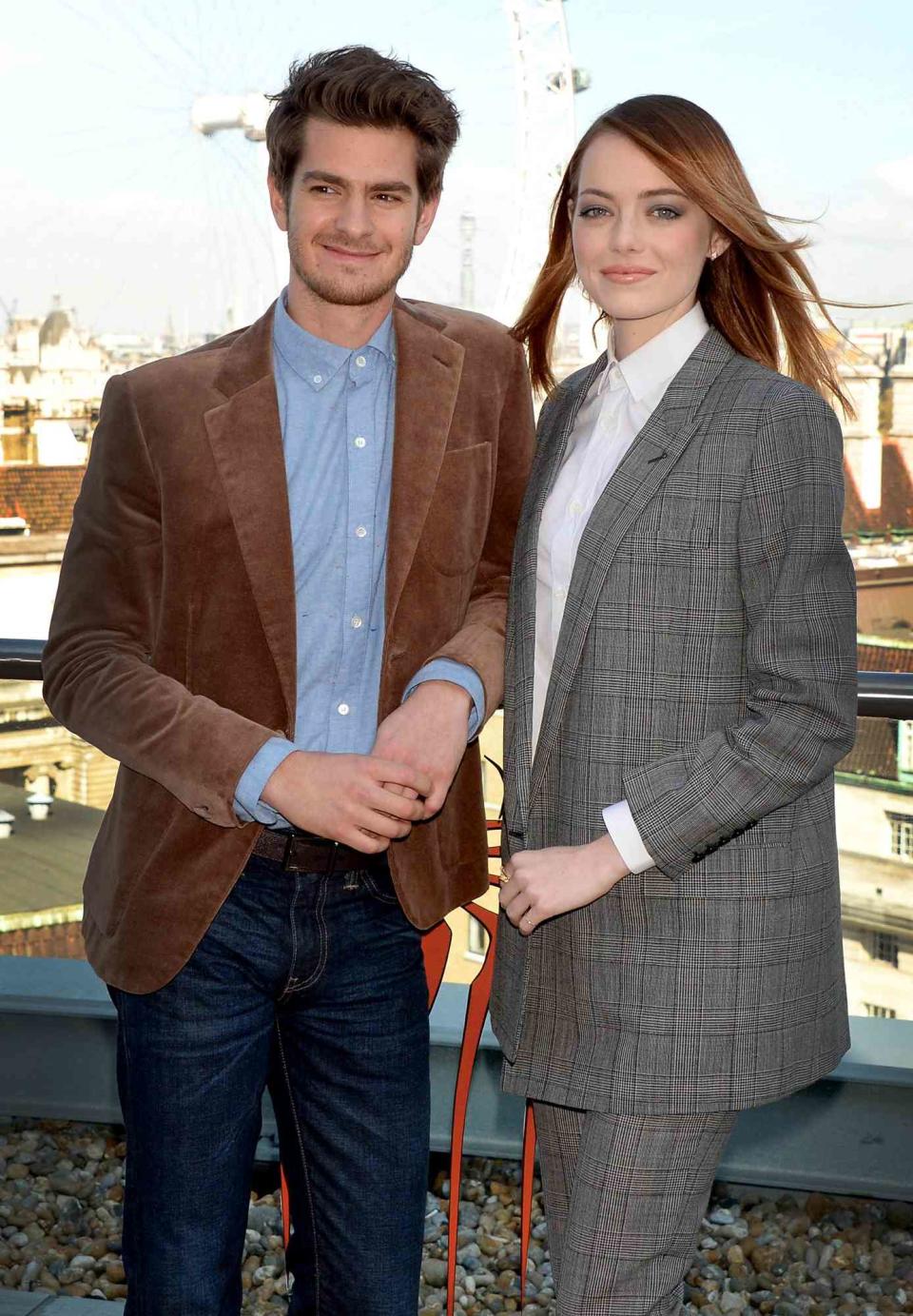 Andrew Garfield and Emma Stone attend "The Amazing Spider-Man 2" photocall at Park Plaza Westminster Bridge Hotel on April 9, 2014 in London, England