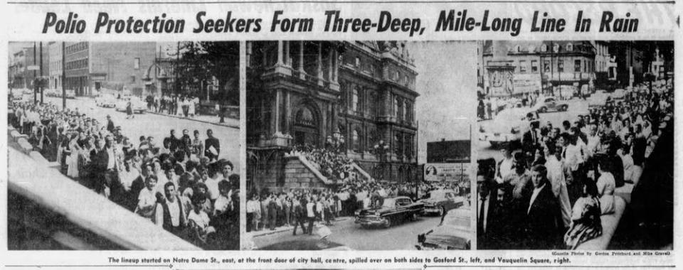 Recorte de prensa del 11 de agosto de 1959 extraído de La Gaceta de Montreal en la que se observan las colas de personas esperando por la vacuna. (Crédito imagen: Montreal Gazette).