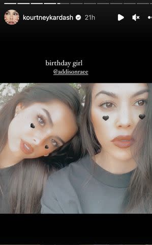 <p>Kourtney Kardashian/Instagram</p> Kourtney Kardashian (right) celebrates Addison Rae's birthday by sharing a photo of the pair.